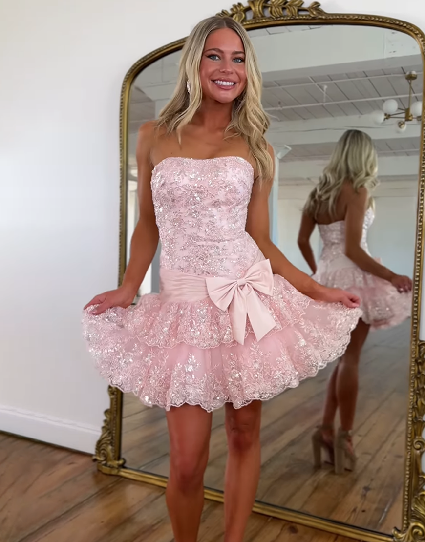 Sparkly Pink Lace Strapless Tiered Short Homecoming Dress with Bow