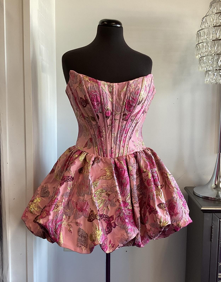 Pink Floral Strapless A Line Short Corset Homecoming Dress
