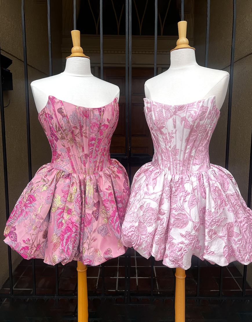 Pink Floral Strapless A Line Short Corset Homecoming Dress