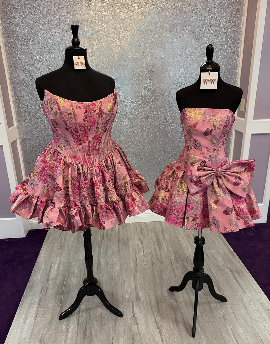 Pink Floral Strapless A Line Short Corset Homecoming Dress