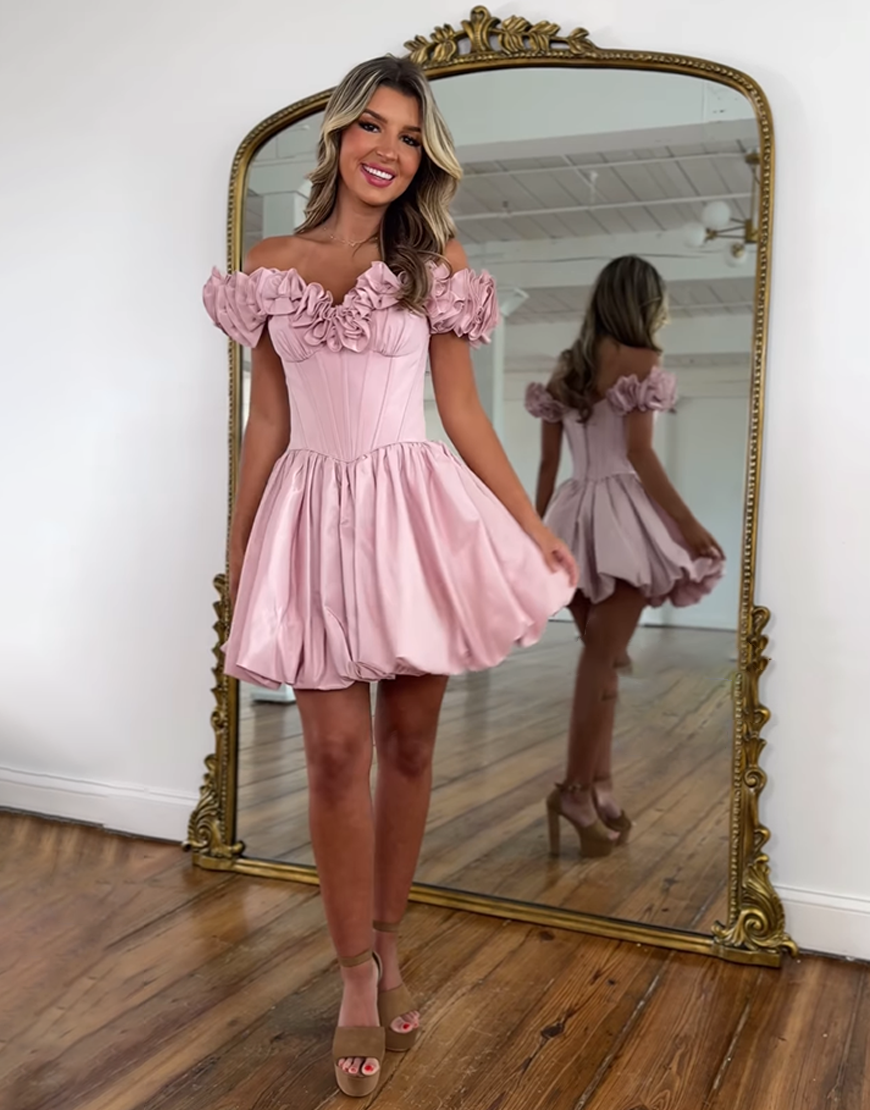 Pink Off The Shoulder Short Corset Homecoming Dress with Ruffles