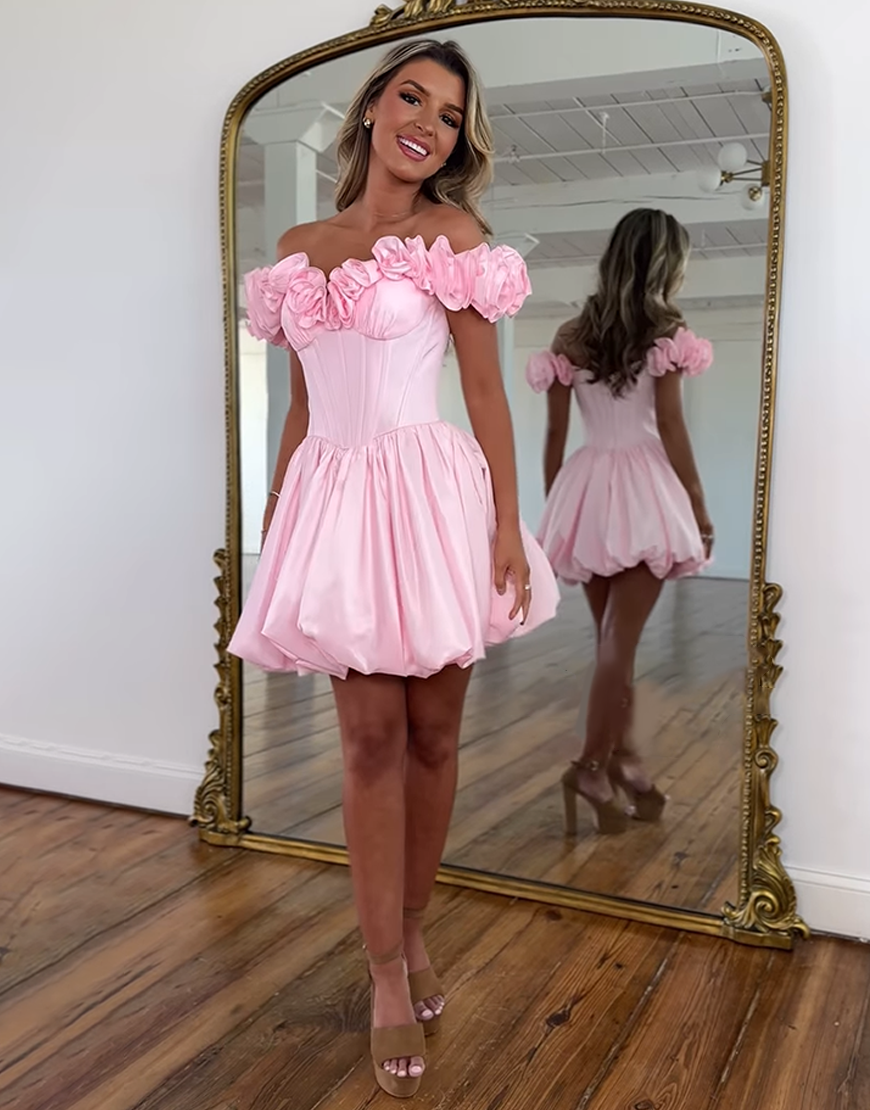 Pink Off The Shoulder Short Corset Homecoming Dress with Ruffles