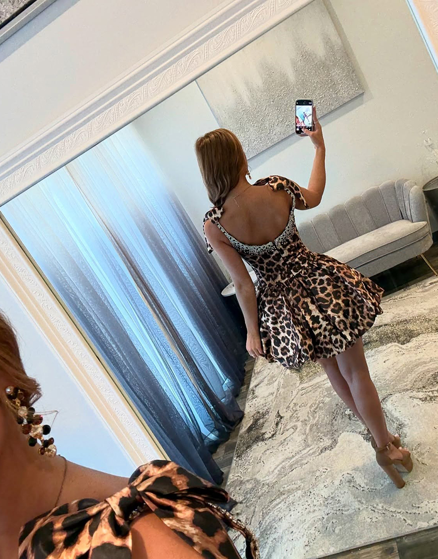 Sparkly Brown Leopard Short Beaded A-Line Homecoming Dress with Bow