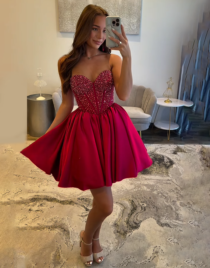 Glitter Red Sweetheart Satin A-Line Corset Homecoming Dress with Beading