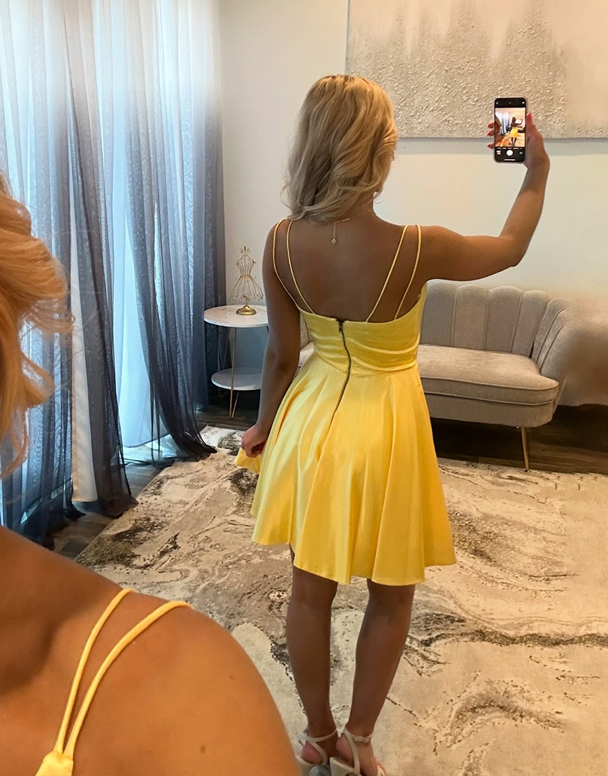 Simple Yellow Spaghetti Straps Satin A Line Short Homecoming Dress