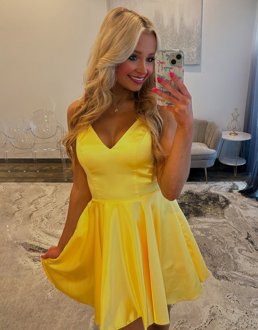 Simple Yellow Spaghetti Straps Satin A Line Short Homecoming Dress