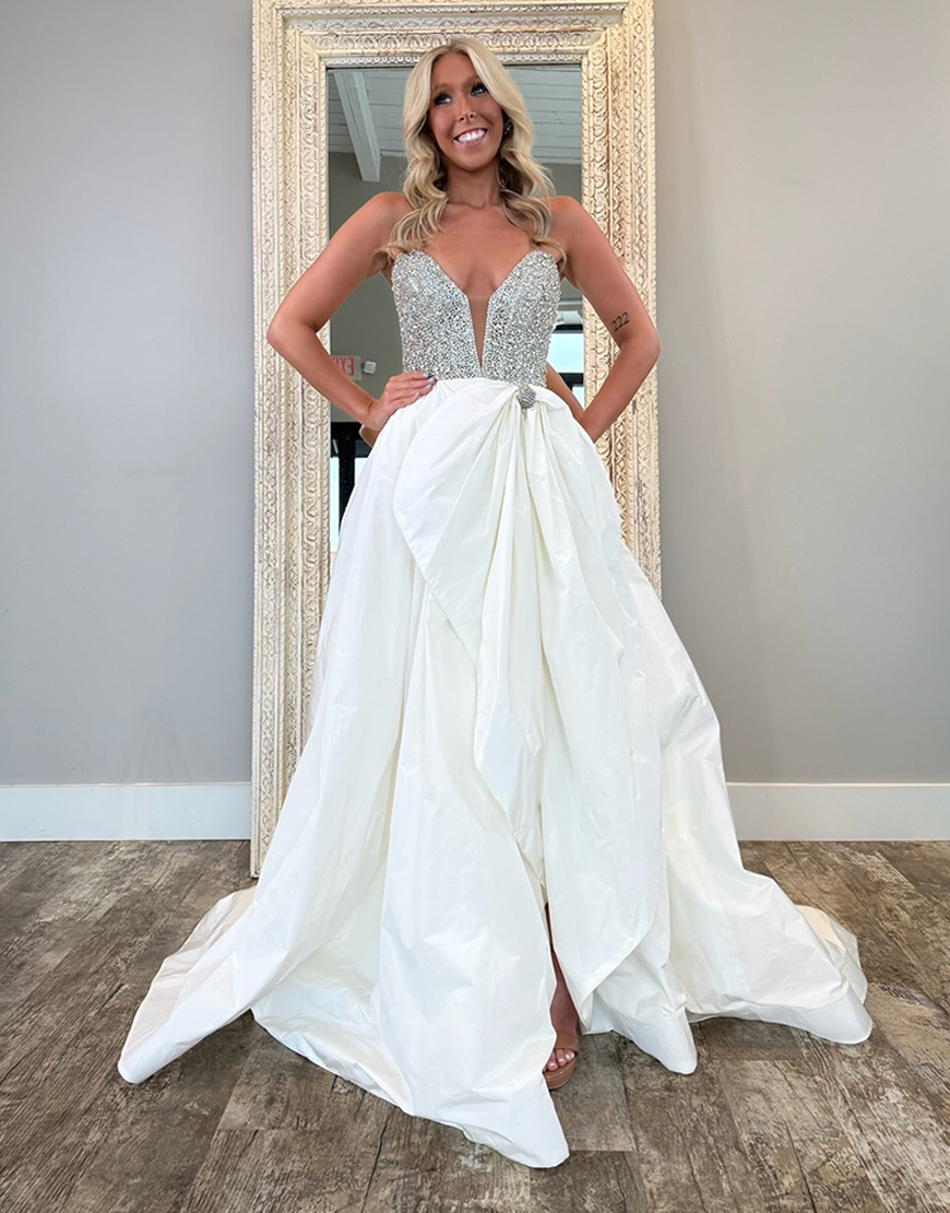 Sparkly White Sweetheart Corset Long Pageant Dress with Bow