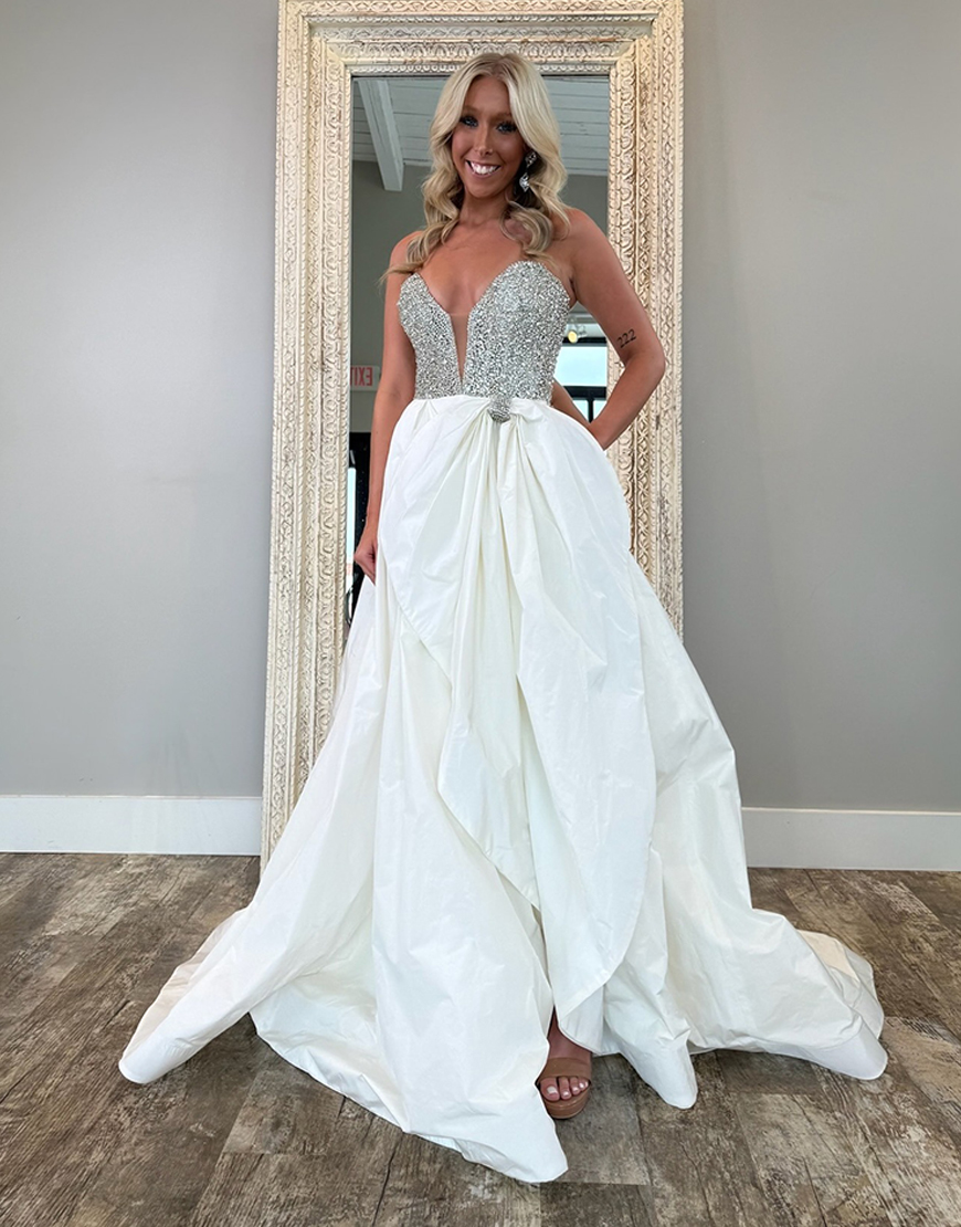 Sparkly White Sweetheart Corset Long Pageant Dress with Bow