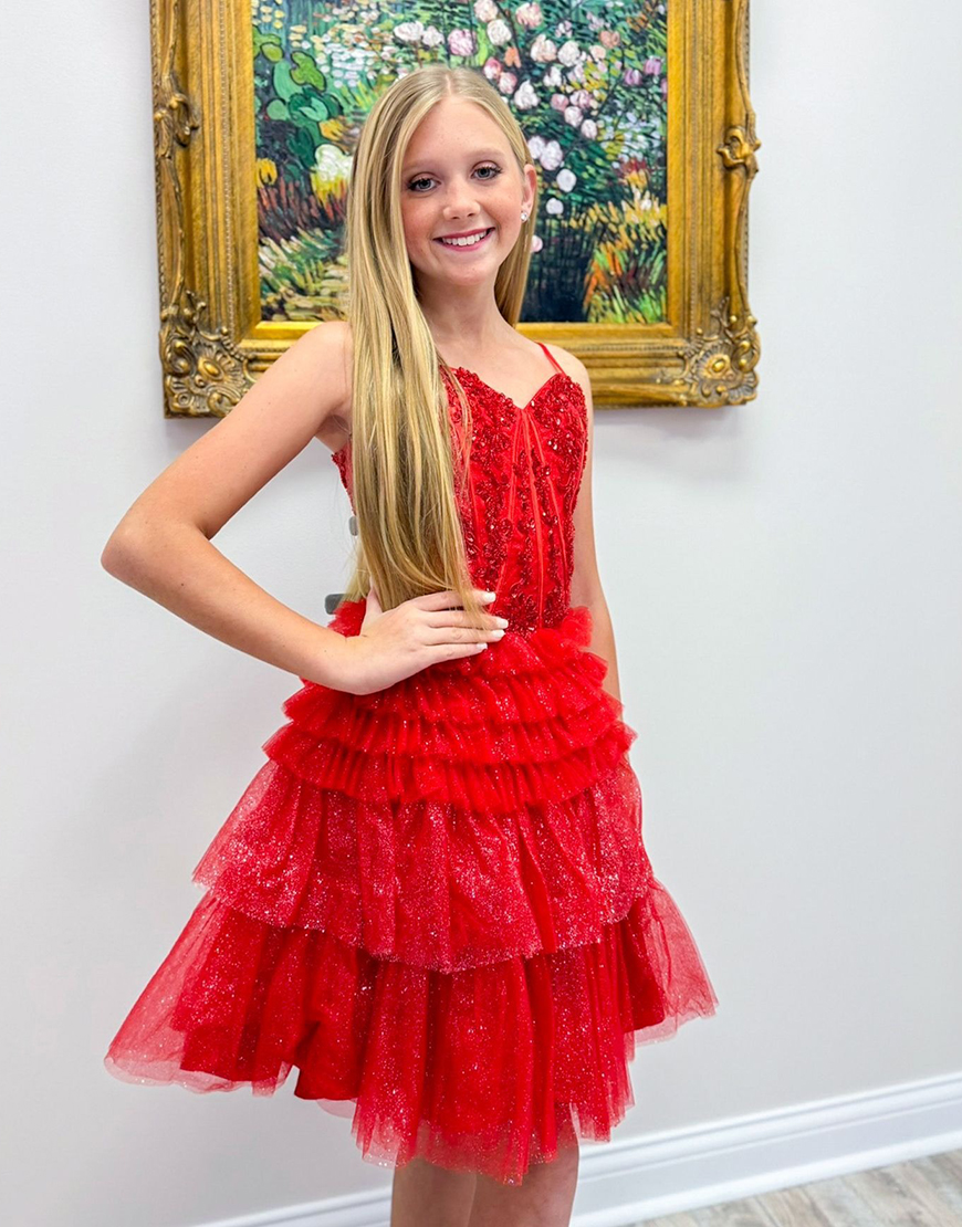 Sparkly Red Tulle Ruffled Short Corset Homecoming Dress with Appliques
