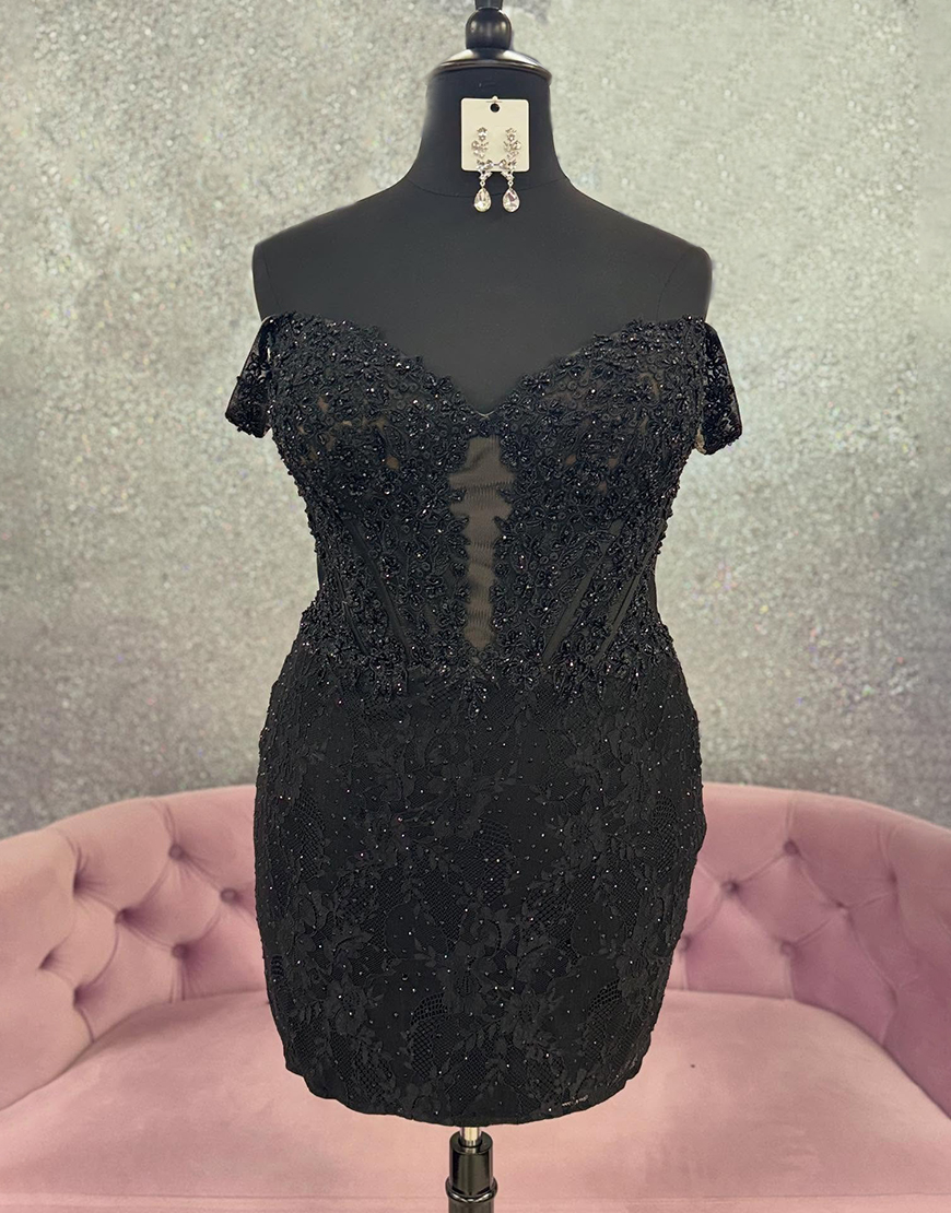 Black Off The Shoulder Lace Bodycon Short Corset Homecoming Dress