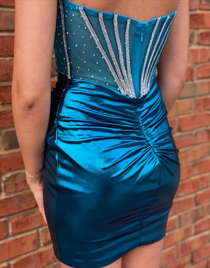 Glitter Peacock Blue Metallic Beaded Bodycon Ruched Corset Homecoming Dress