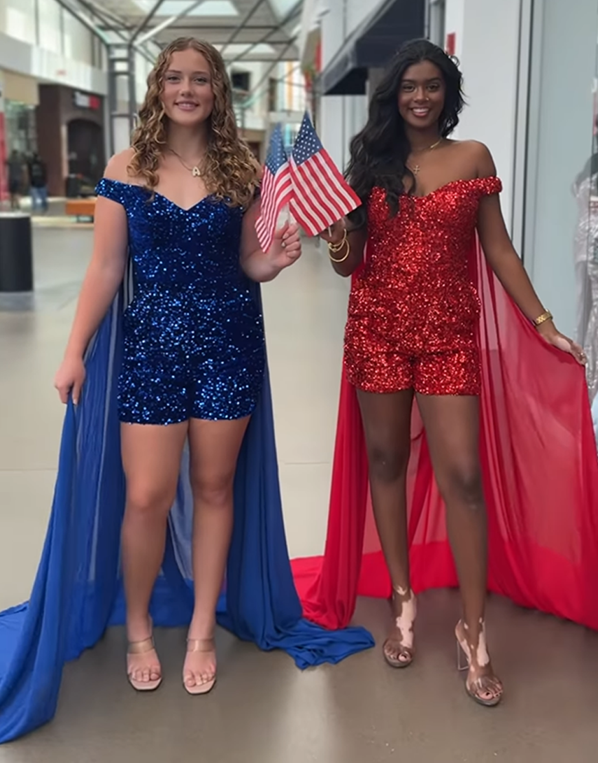 Sparkly Red Off the Shoulder Sequin Short Homecoming Jumpsuits with Cape