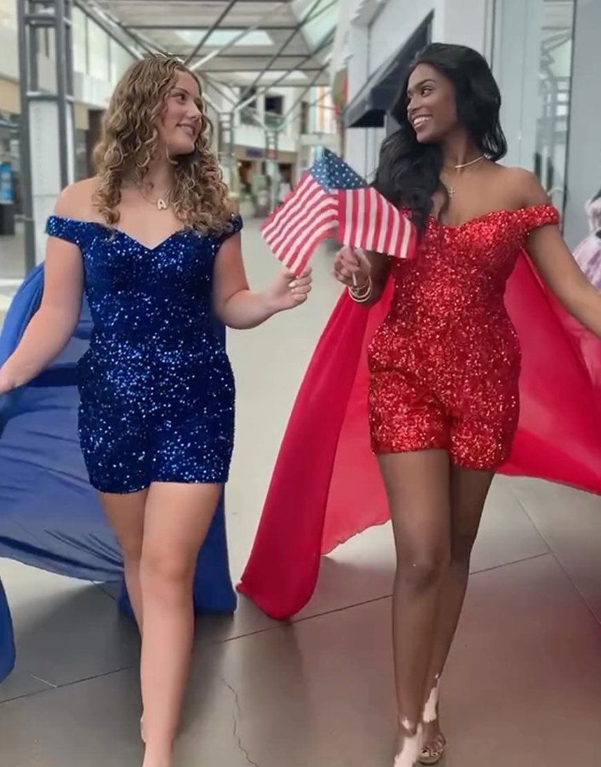 Sparkly Red Off the Shoulder Sequin Short Homecoming Jumpsuits with Cape