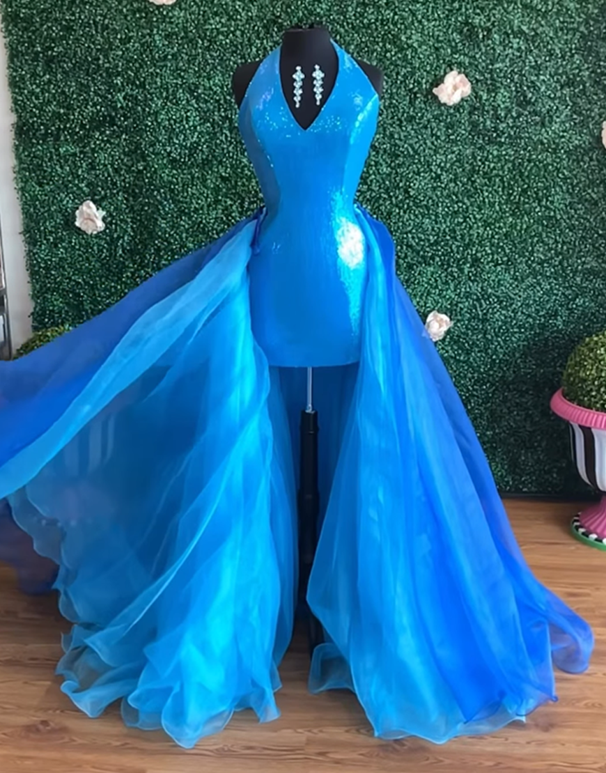 Sparkly Blue Halter Neck Tight Short Homecoming Dress with Cape