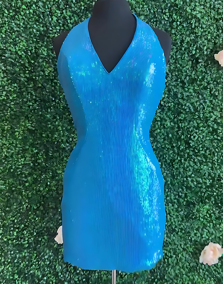 Sparkly Blue Halter Neck Tight Short Homecoming Dress with Cape