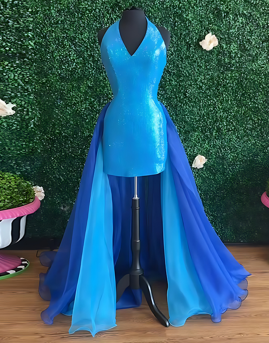 Sparkly Blue Halter Neck Tight Short Homecoming Dress with Cape
