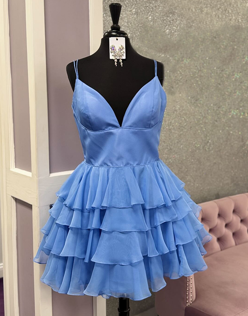 Blue Spaghetti Straps Chiffon Tiered A Line Short Homecoming Dress