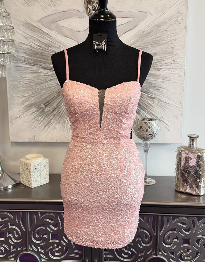 Sparkly Pink Sequin Spaghetti Straps Tight Homecoming Dress