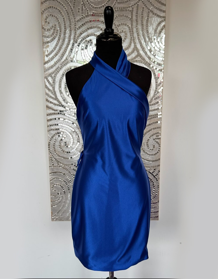 Simple Royal Blue Satin Halter Neck Short Homecoming Dress
