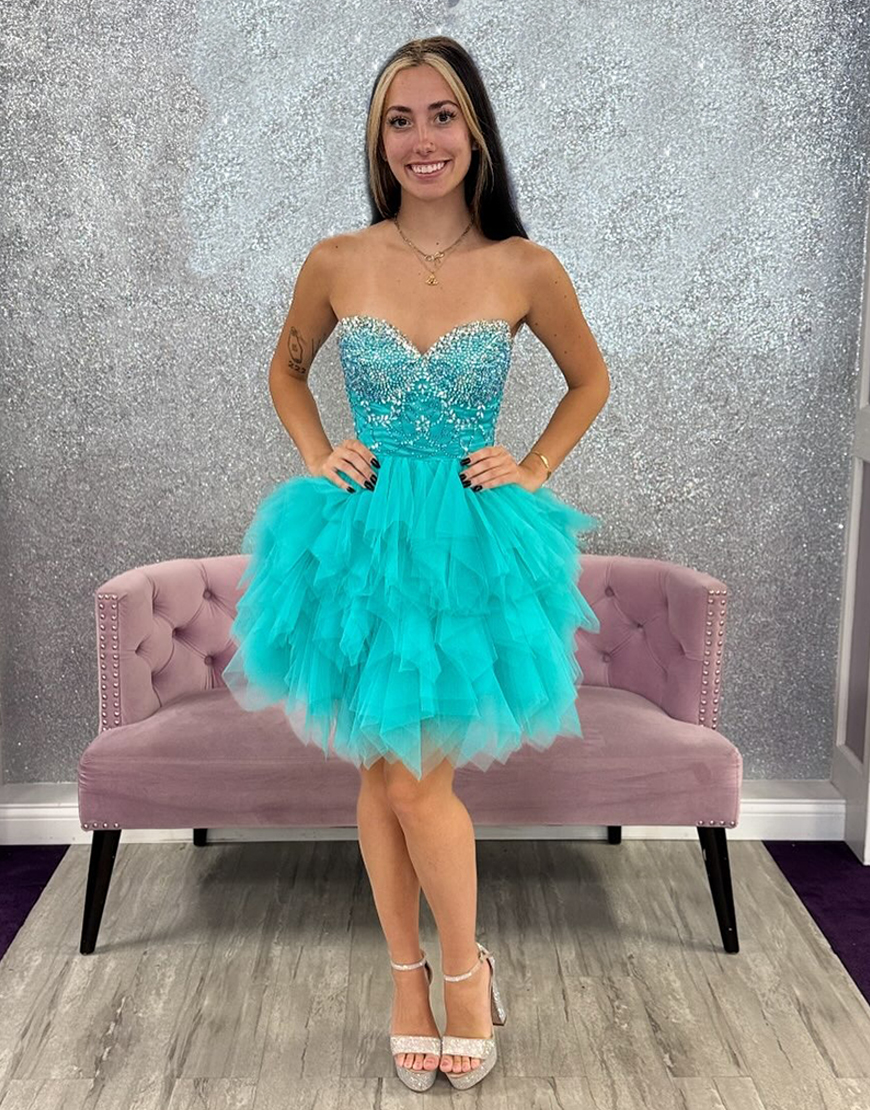 Sparkly Peacock Green Tulle Ruffled Beaded Short Homecoming Dress