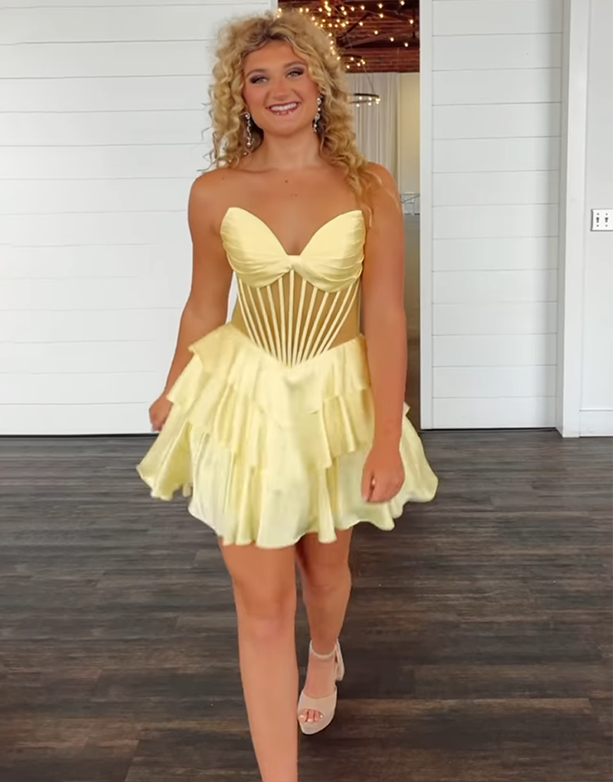 Yellow Satin Sweetheart Ruffled Short Corset Homecoming Dress