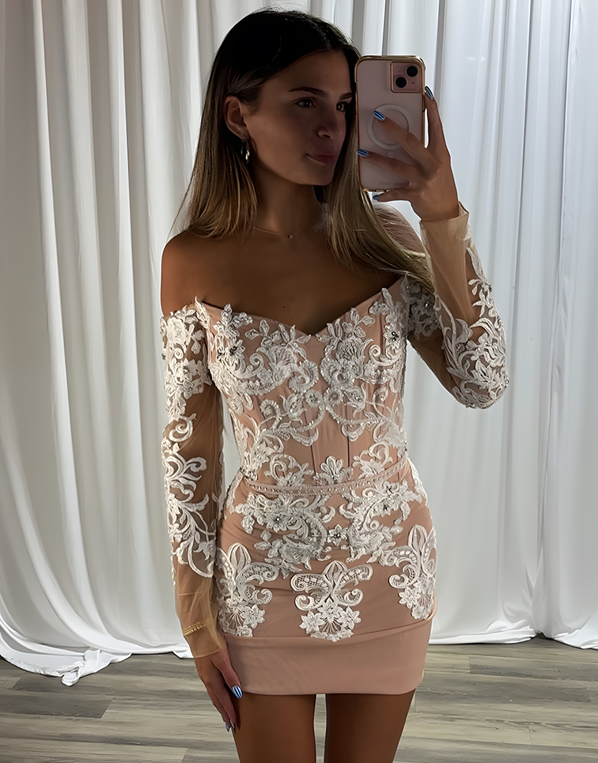 Sparkly Champagne Short Tight Floral Lace Corset Homecoming Dress with Sleeves