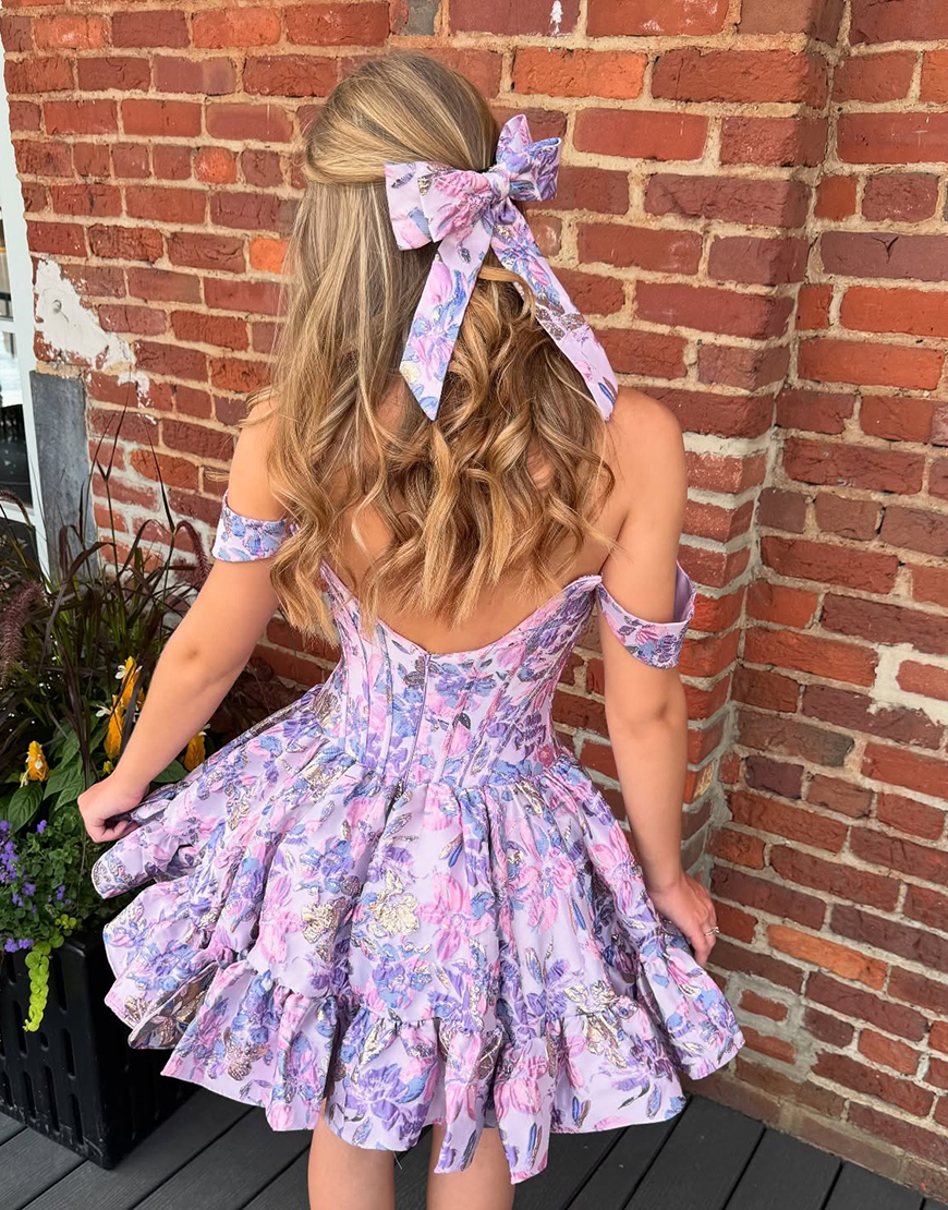 Yellow Floral A Line Short Ruffled Corset Homecoming Dress