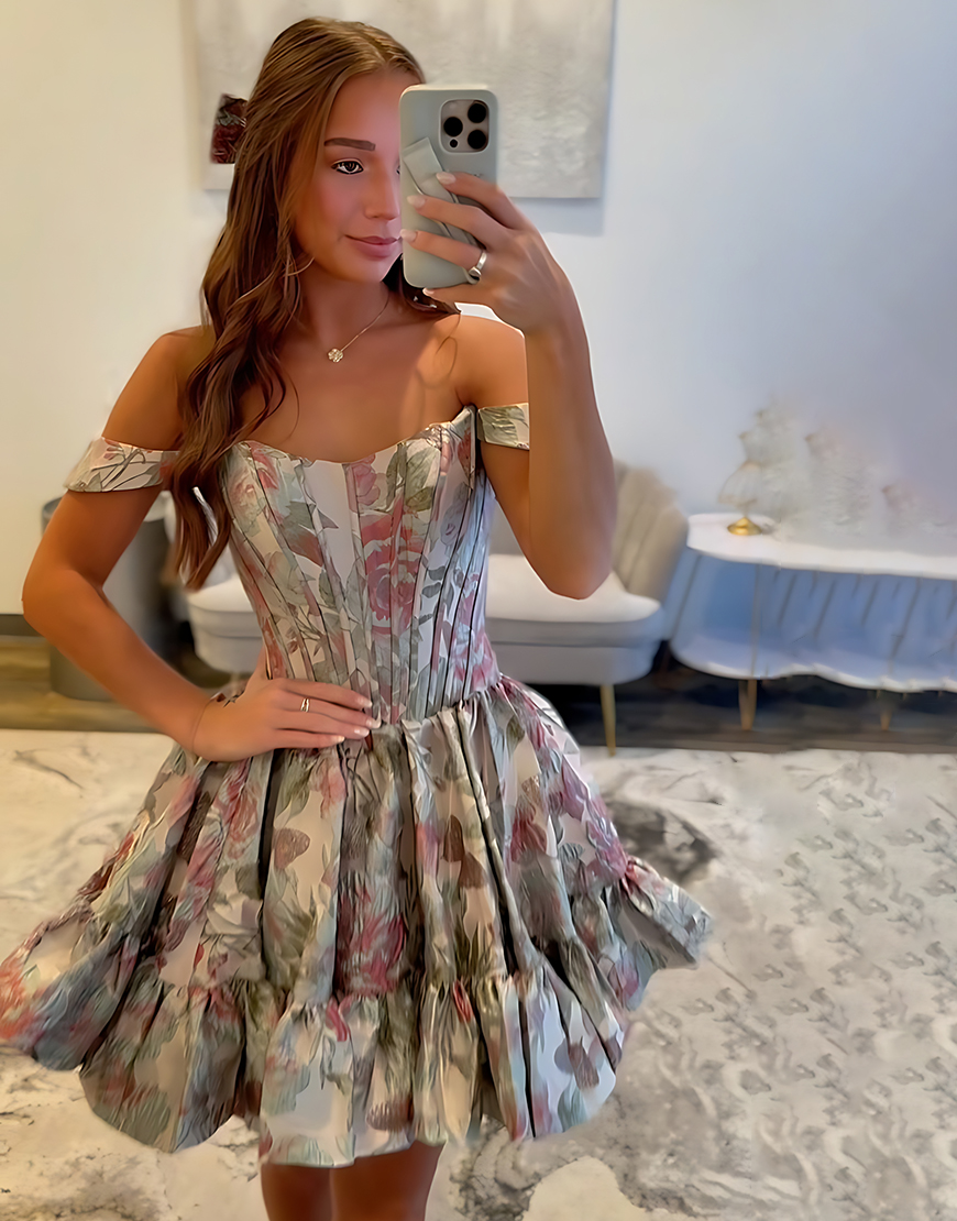 Yellow Floral A Line Short Ruffled Corset Homecoming Dress