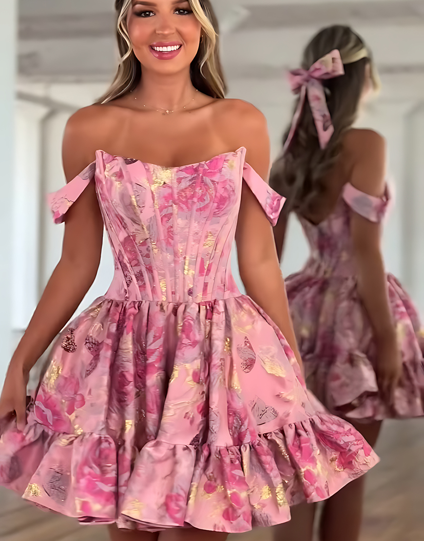 Yellow Floral A Line Short Ruffled Corset Homecoming Dress