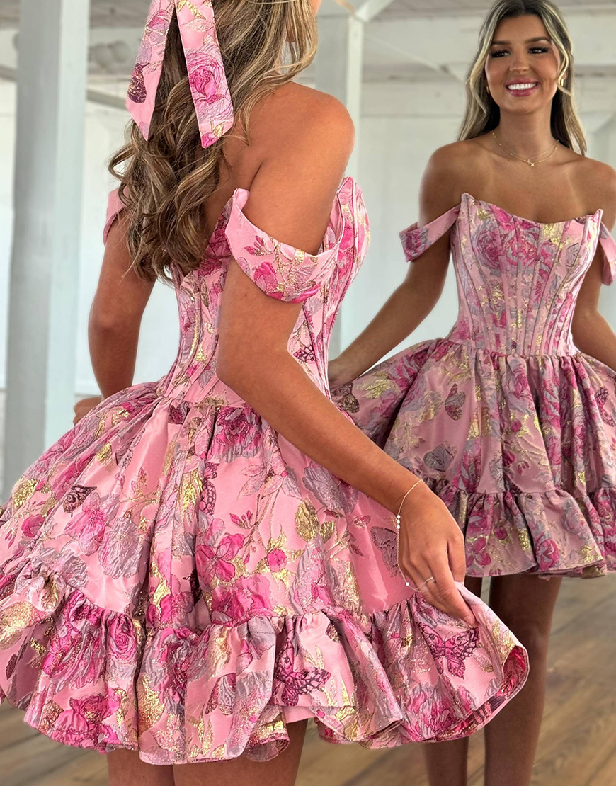 Yellow Floral A Line Short Ruffled Corset Homecoming Dress