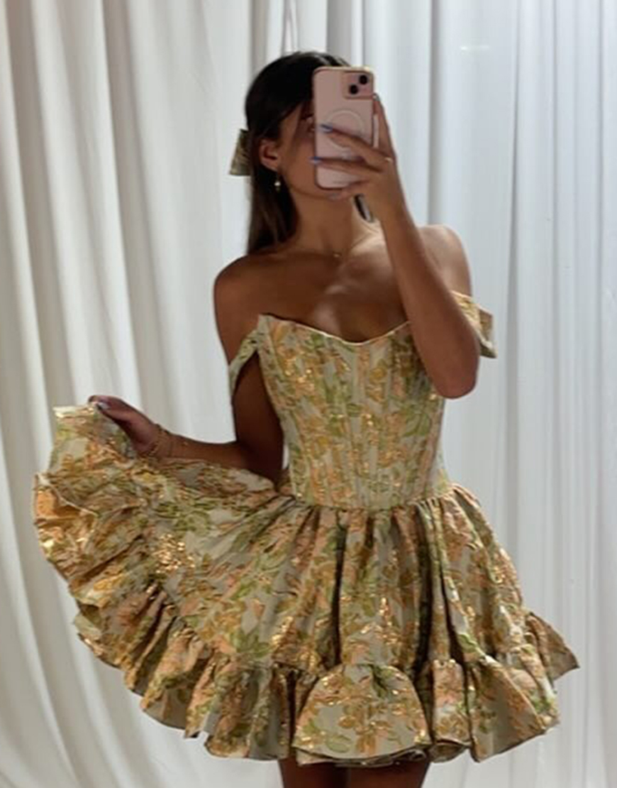 Yellow Floral A Line Short Ruffled Corset Homecoming Dress