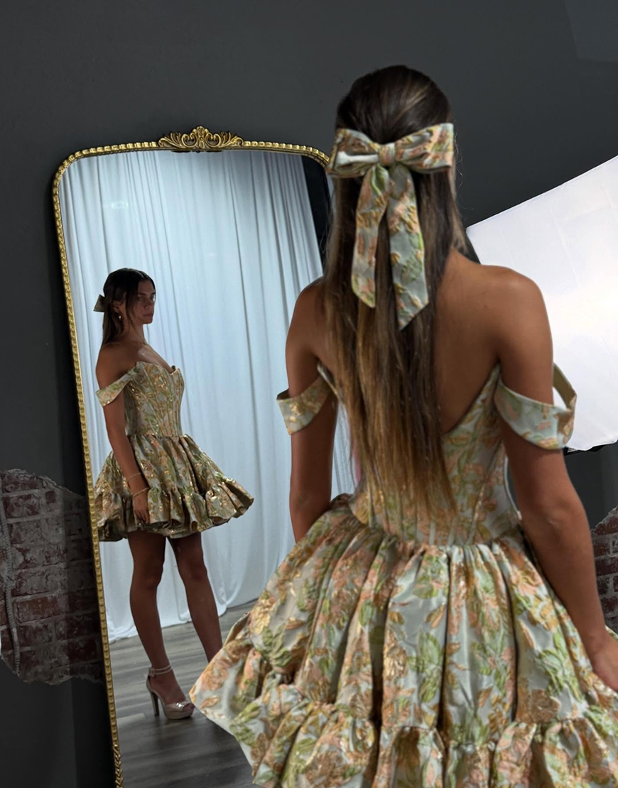 Yellow Floral A Line Short Ruffled Corset Homecoming Dress