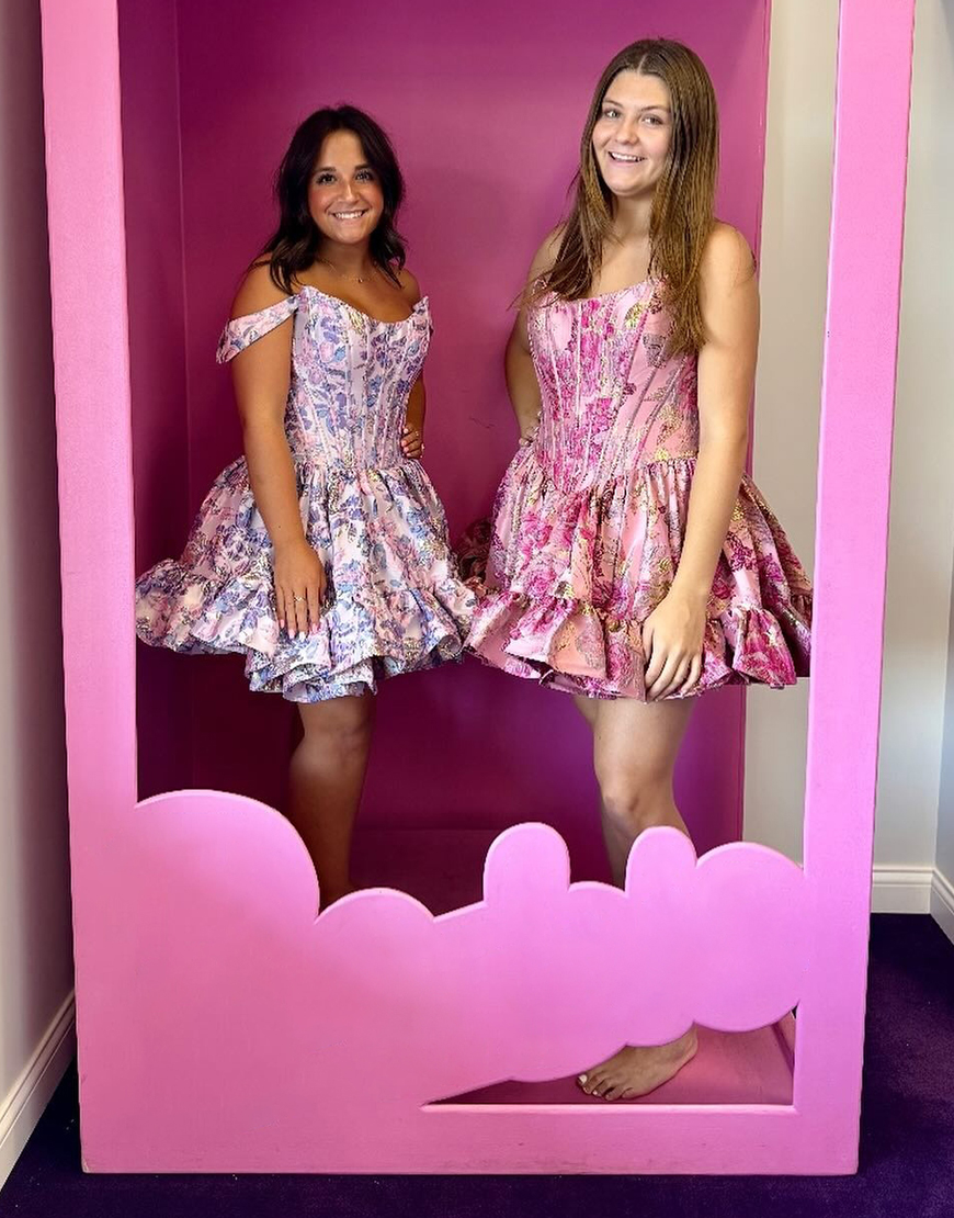 Purple Floral A Line Ruffled Short Corset Homecoming Dress