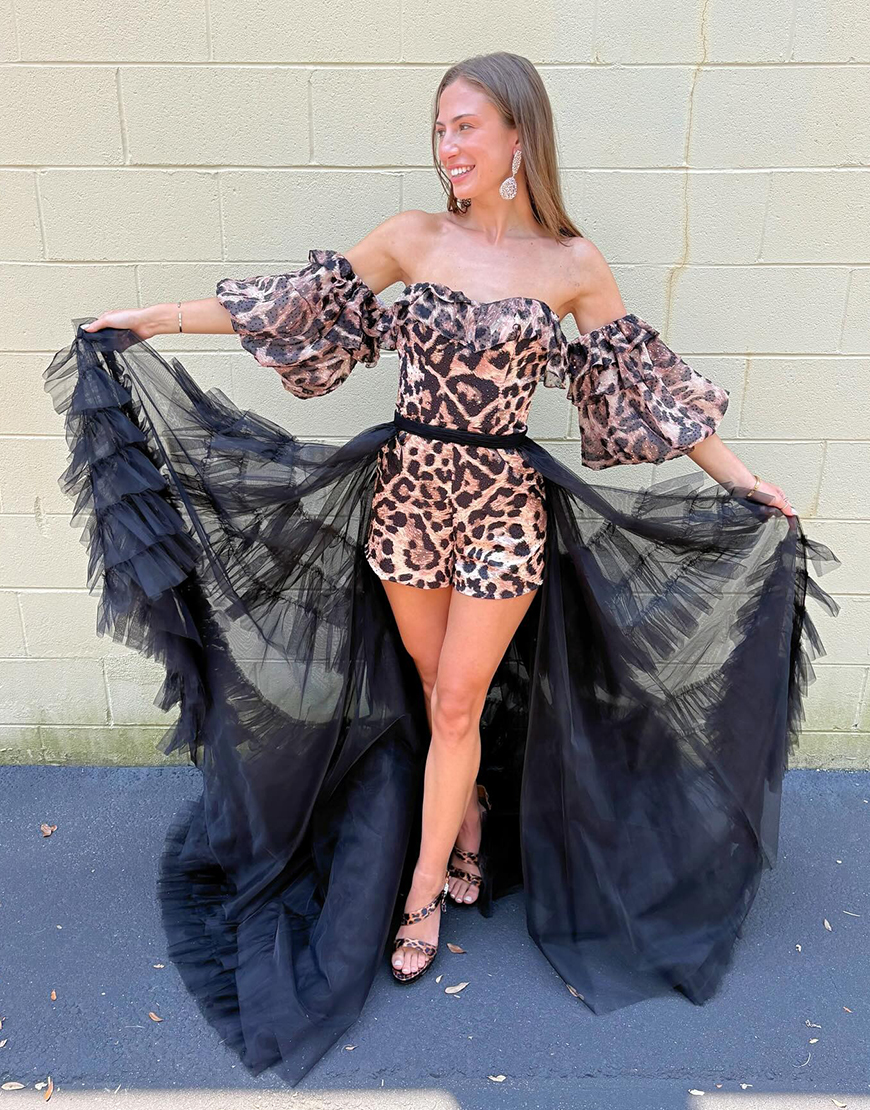 Brown Leopard Short Detachable Train Tight Homecoming Jumpsuits