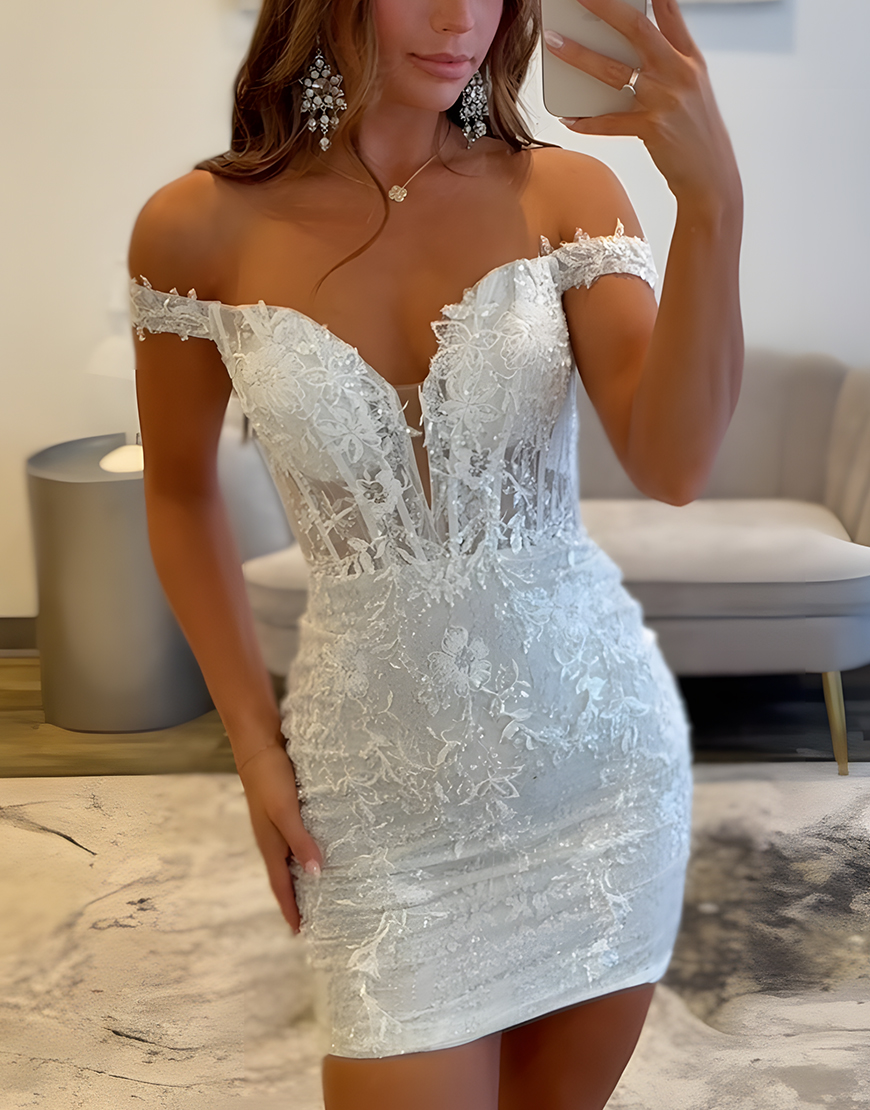 Sparkly White Floral Lace Tight Short Corset Homecoming Dress