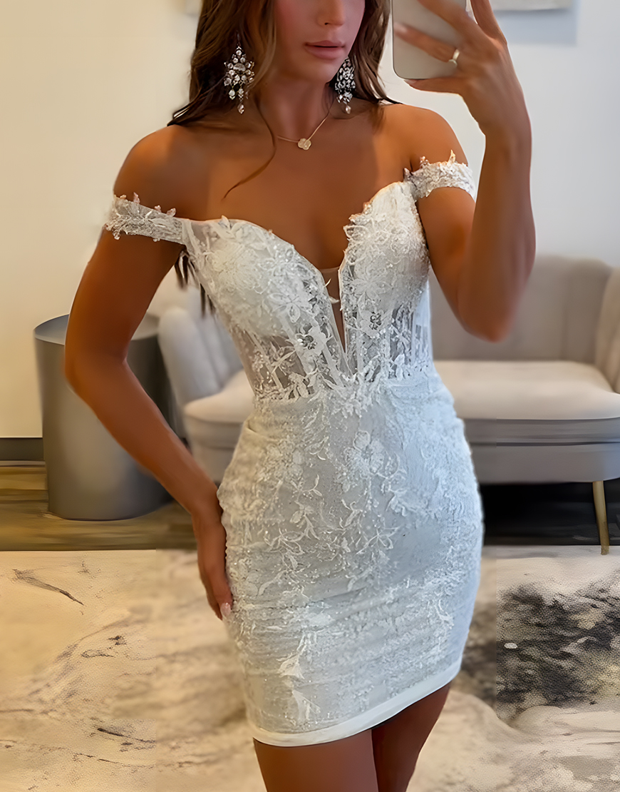 Sparkly White Floral Lace Tight Short Corset Homecoming Dress