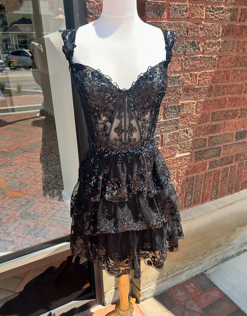 Sparkly Red Lace A Line Ruffled Tiered Short Corset Homecoming Dress