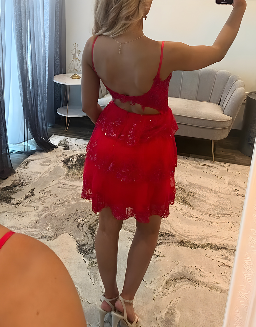 Sparkly Red Lace A Line Ruffled Tiered Short Corset Homecoming Dress