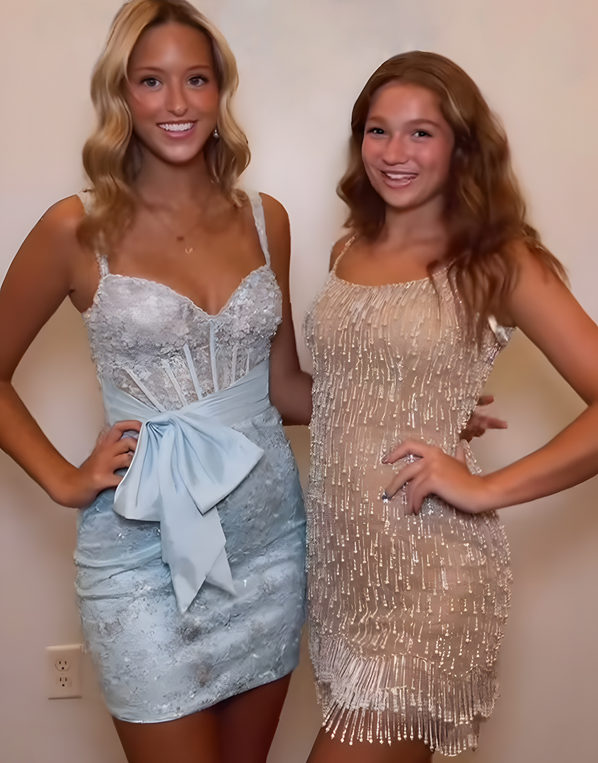 Light Blue Tight Corset Lace Short Homecoming Dress with Bow