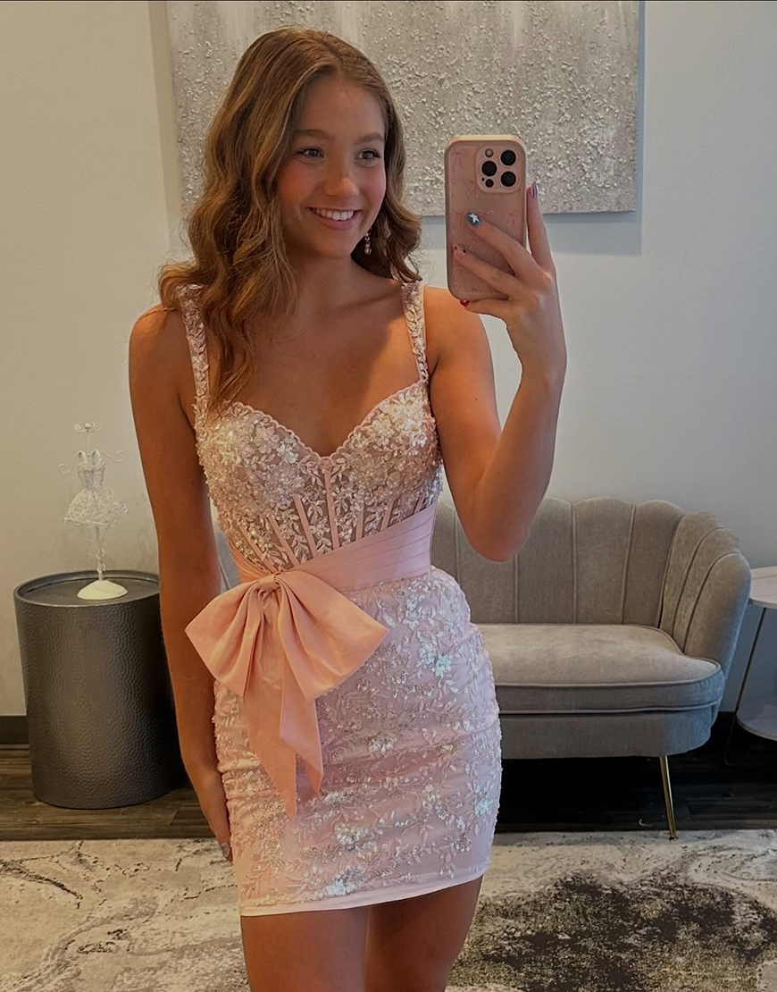 Pink Tight Corset Lace Short Homecoming Dress with Bow