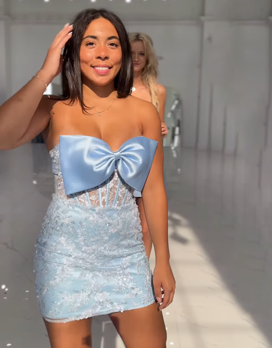 Sparkly Pink Floral Lace Short Tight Corset Homecoming Dress with Bow