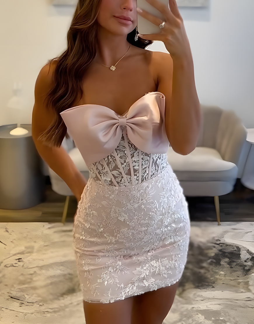 Sparkly Pink Floral Lace Short Tight Corset Homecoming Dress with Bow
