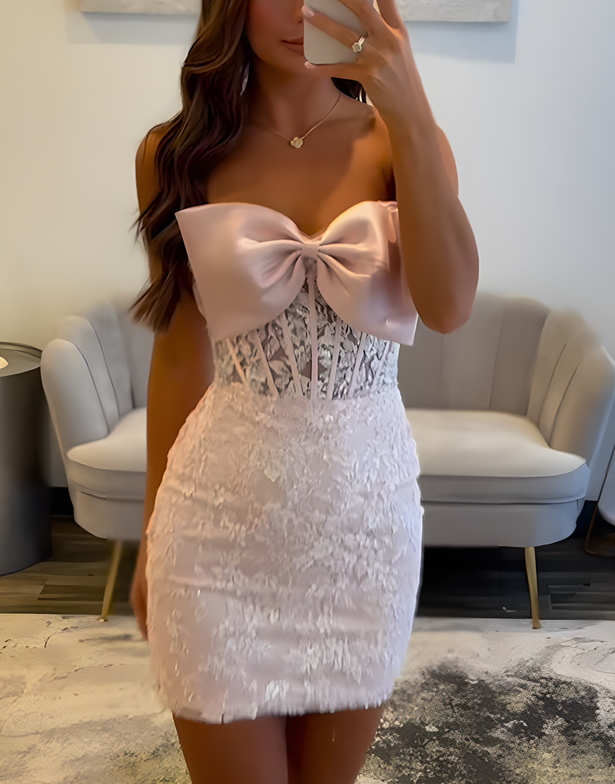 Sparkly Pink Floral Lace Short Tight Corset Homecoming Dress with Bow