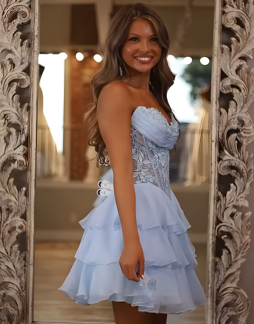 Sparkly Light Blue Short Tiered Corset Homecoming Dress with Lace