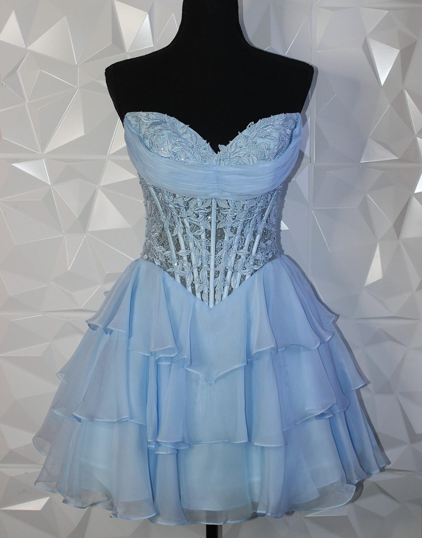 Sparkly Light Blue Short Tiered Corset Homecoming Dress with Lace