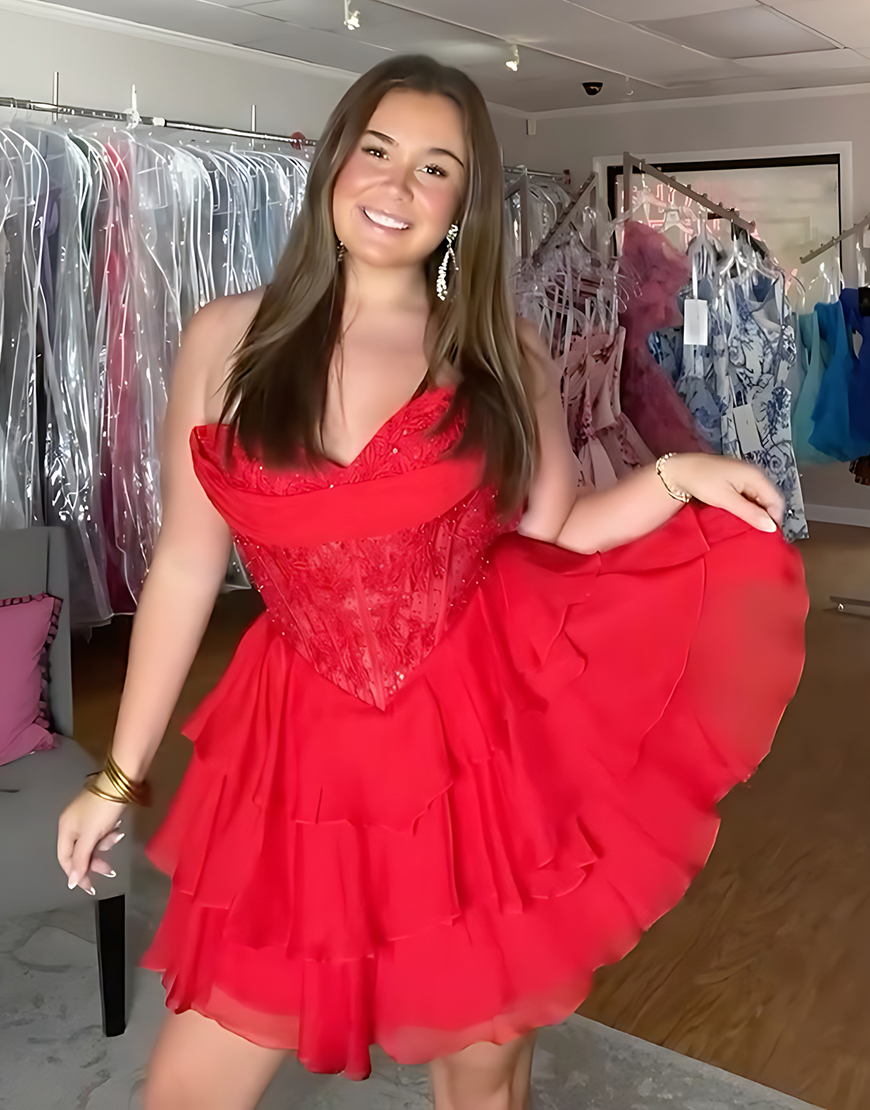 Sparkly Light Blue Short Tiered Corset Homecoming Dress with Lace