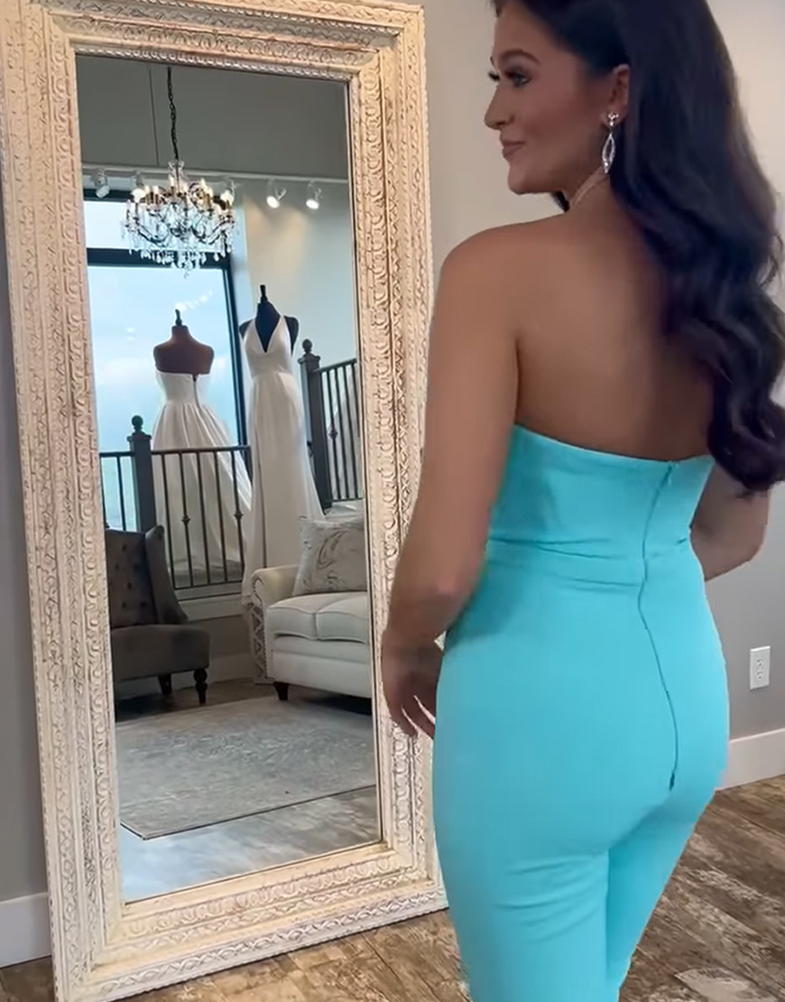 Blue Strapless Tight Satin Long Prom Homecoming Jumpsuits