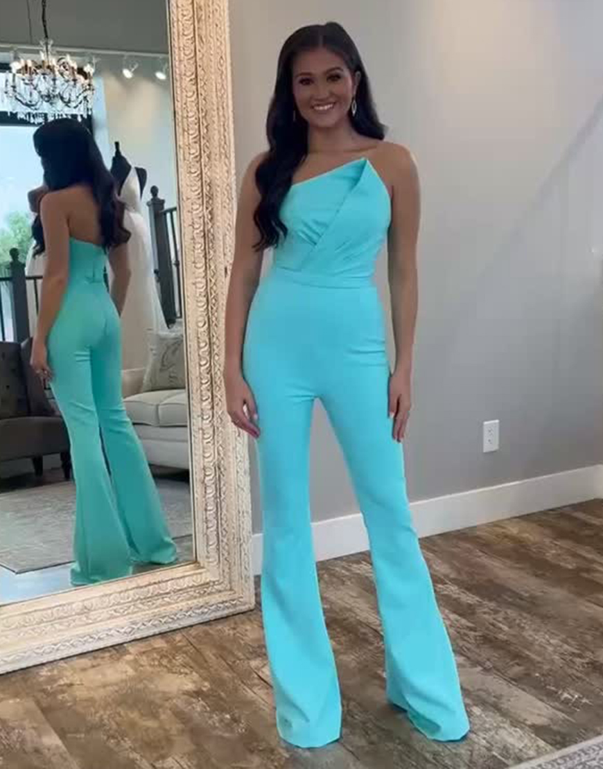Berlinnova Women Blue Tight Satin Long Homecoming Jumpsuits Strapless Prom Jumpsuits
