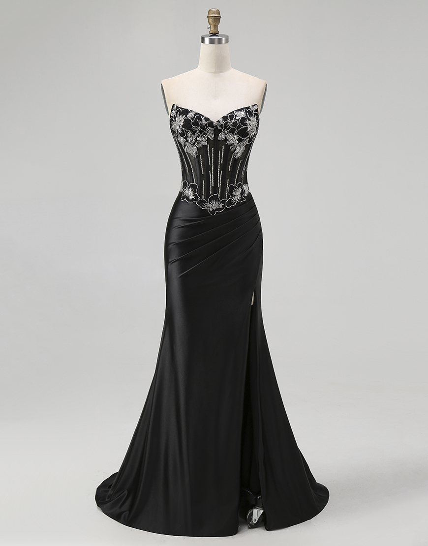 Sparkly Black Mermaid Beaded Corset Long Prom Dress with Slit