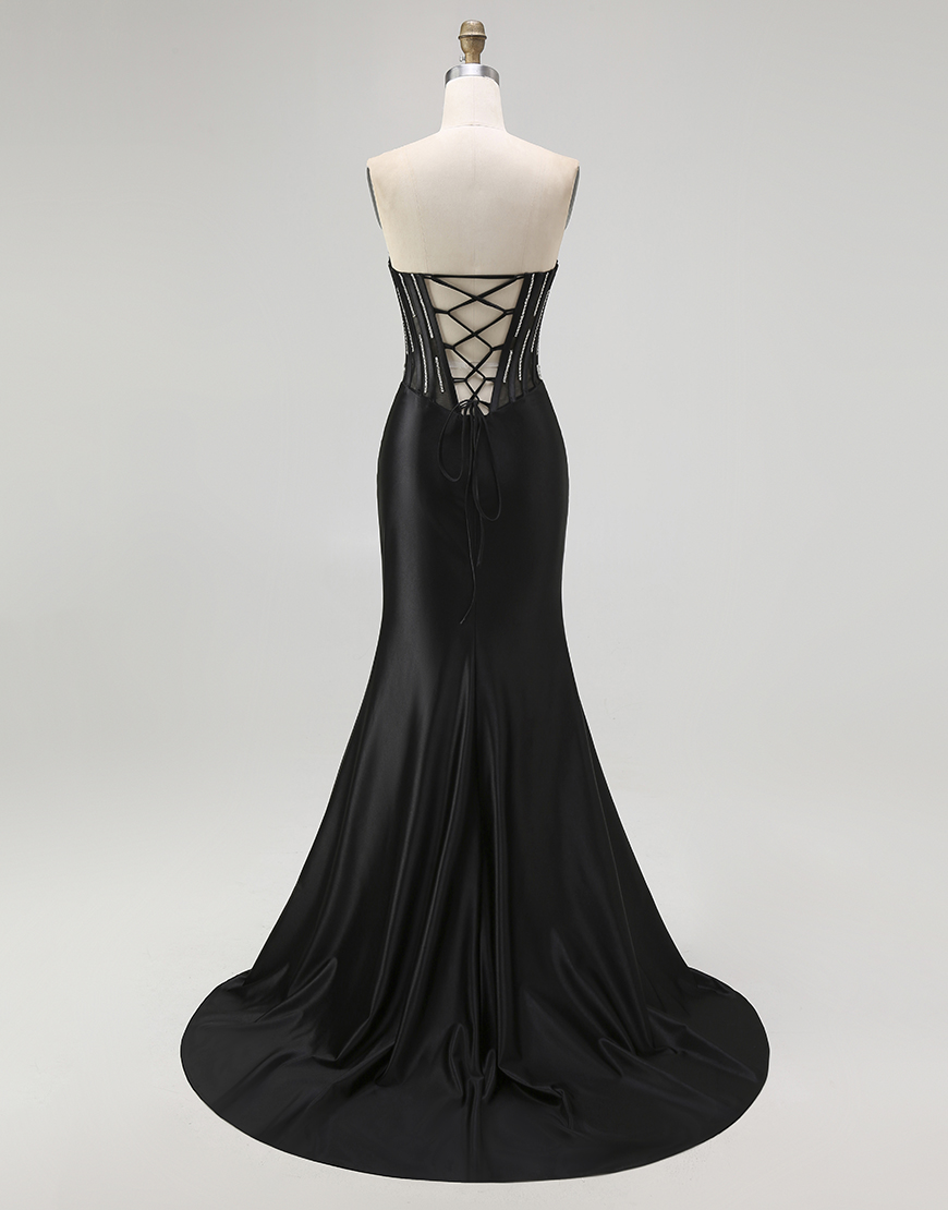 Sparkly Black Mermaid Beaded Corset Long Prom Dress with Slit